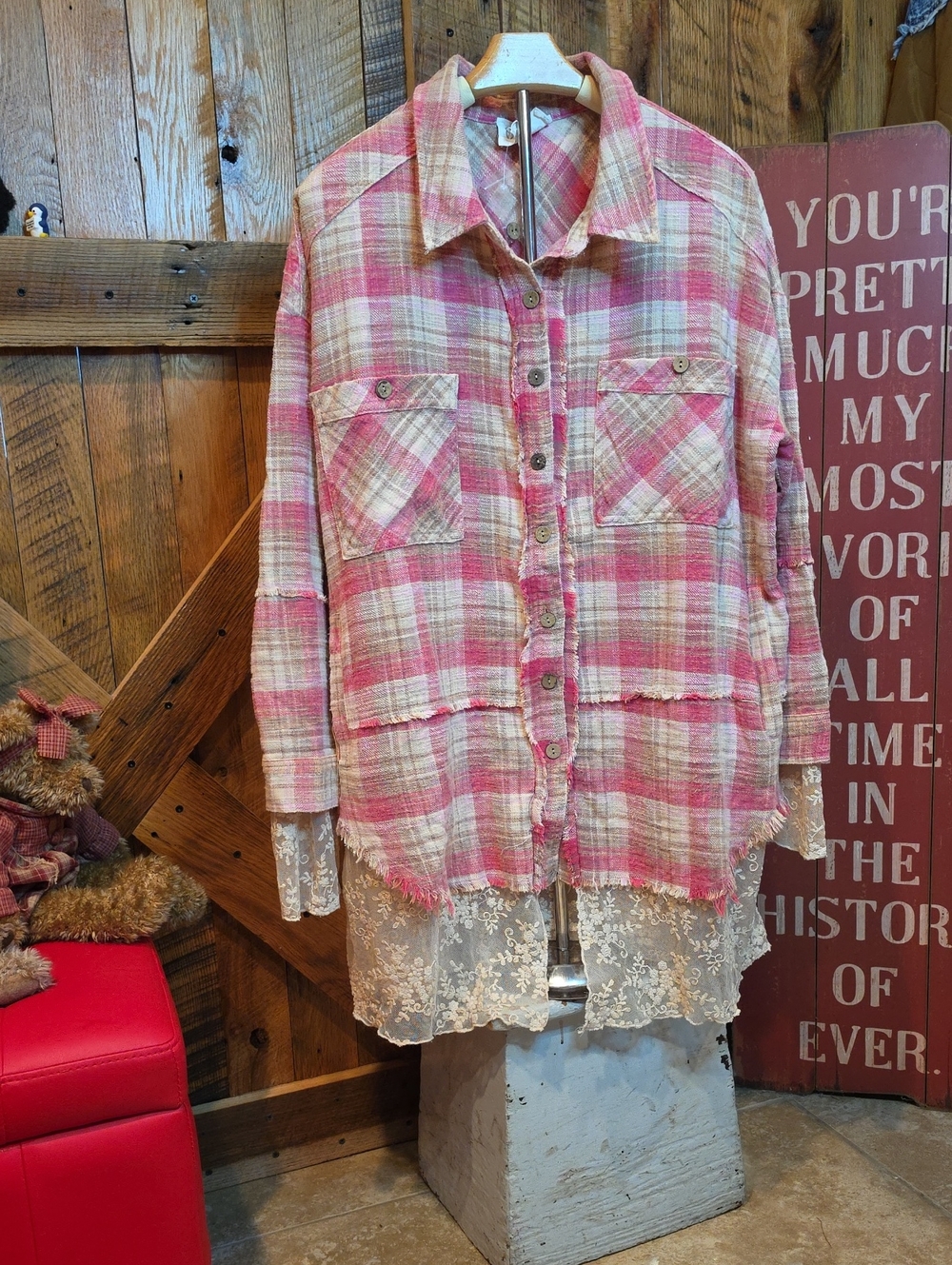 100p Oli & Hali Pink and Cream Plaid Button-Up with Lace Trim